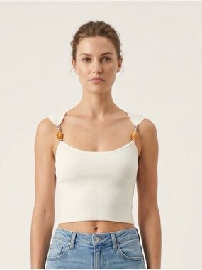 Commense White Ribbed Cropped Tank with Amber Bead Straps